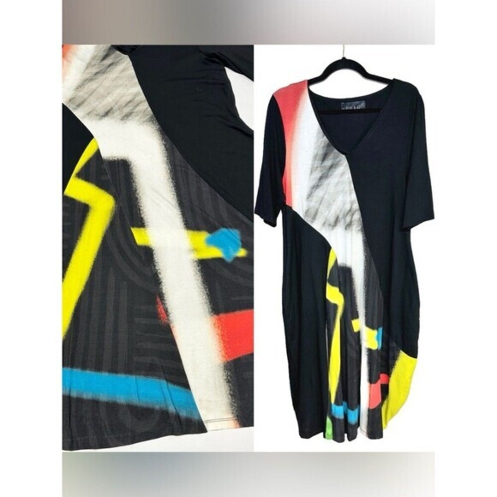 Ozai N Ku Cocoon Oversize Dress Spray Pattern Colorful Lagenlook Art to Wear Med